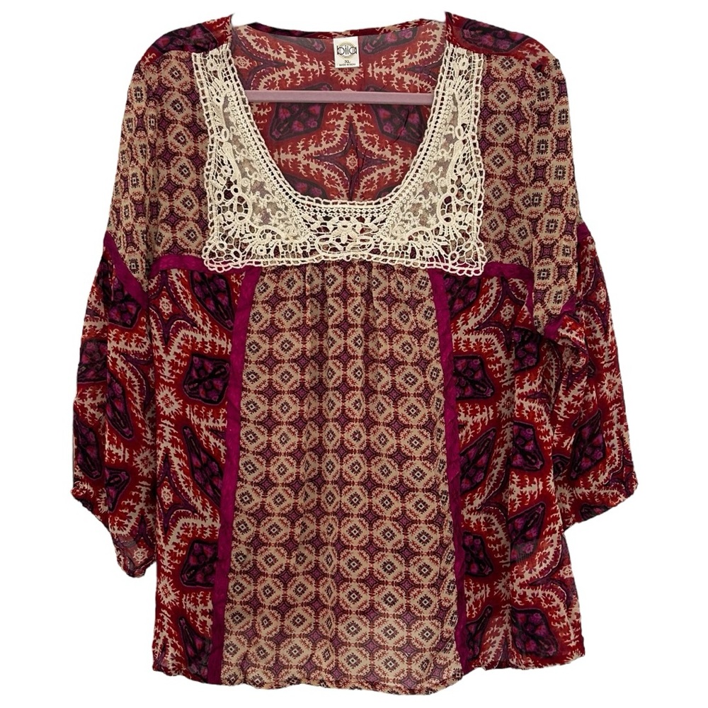 Bila Women’s Woven Red Pink Dark Floral Crochet Trim 3/4 Sleeve Top Sz XL